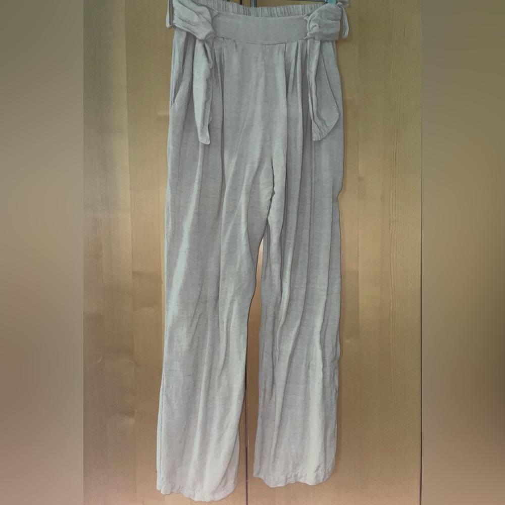 Mid-Rise Straight-Leg Beige Linen Pants